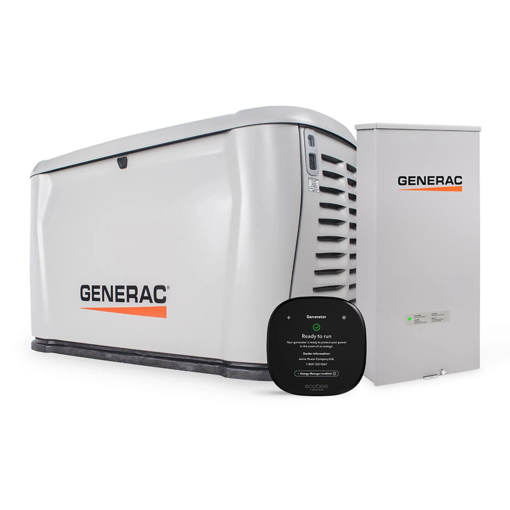 White Generac standby home generator with matching transfer switch and black controller, shown in a clean product photo conveying reliability.
