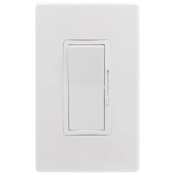 new style dimmer switch White rectangular wall plate with a centered single rocker light switch, shown against a transparent background; clean, minimalist design conveys simplicity.